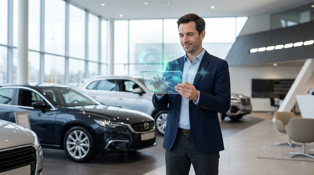 Un conseiller automobile utilise une tablette holographique futuriste pour qualifier des leads dans une concession.