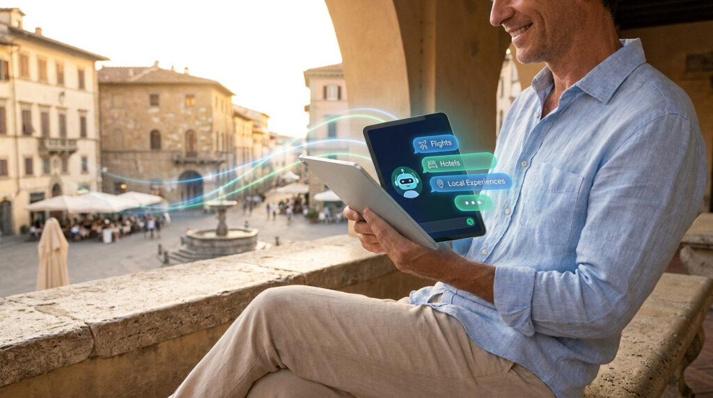 Un homme souriant utilise une tablette affichant des bulles de chat IA sur fond de place historique européenne.