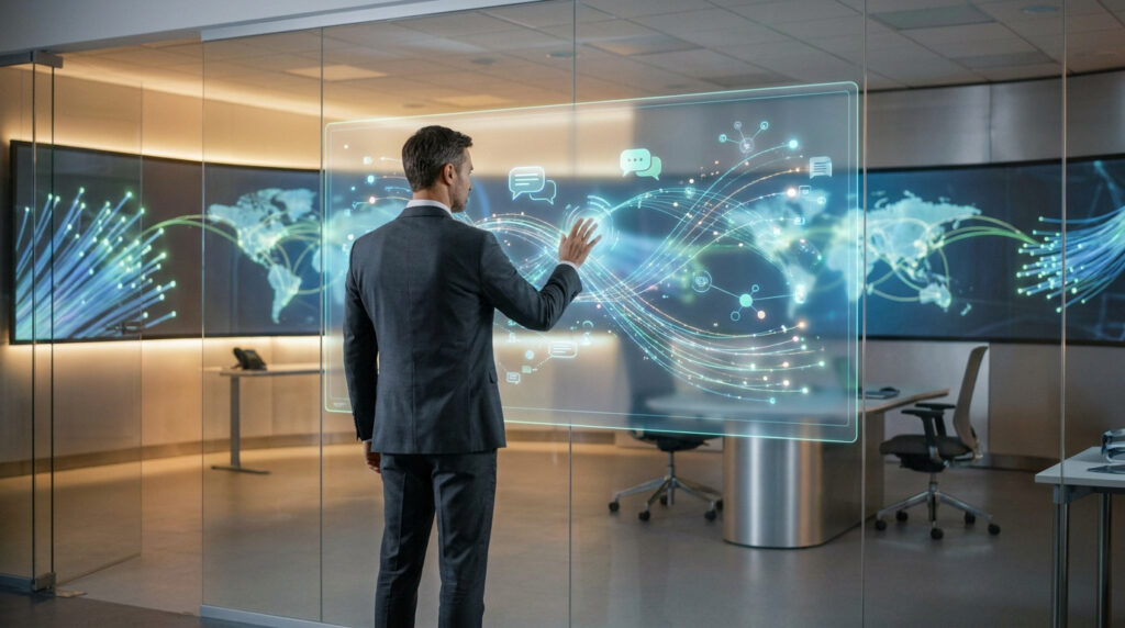 Un homme d'affaires interagissant avec une interface numérique holographique dans un bureau moderne.