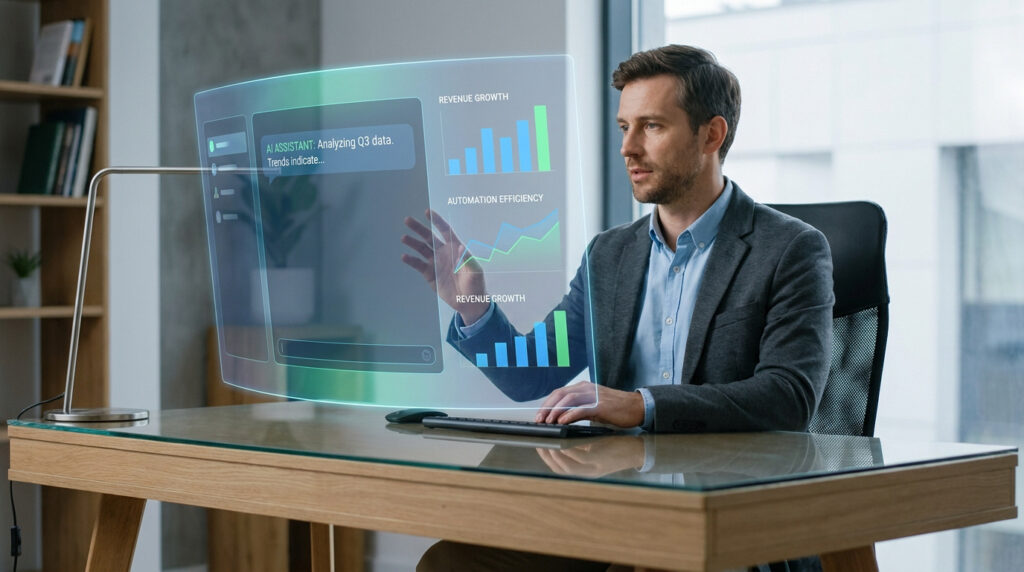 Un professionnel utilise une interface holographique futuriste pour analyser des données financières.