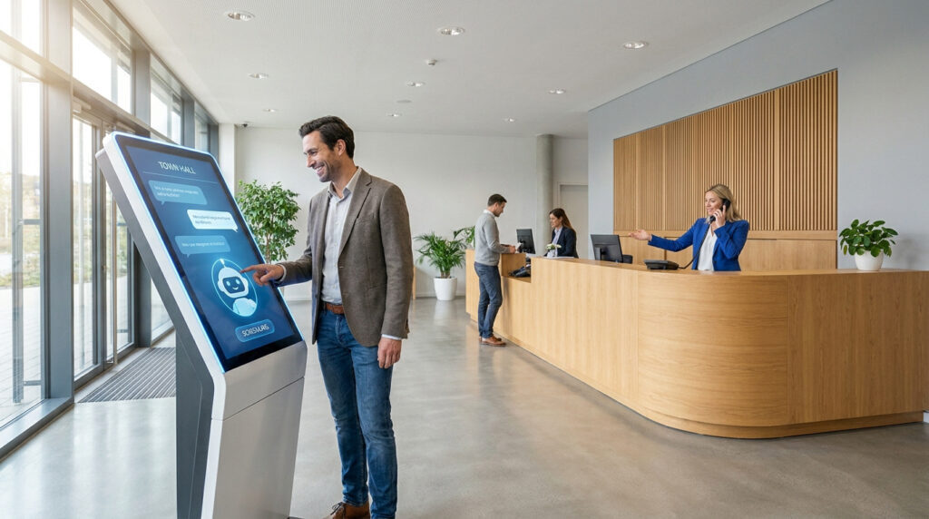 Un homme sourit en utilisant une borne interactive avec une interface IA dans le hall moderne d'une mairie.