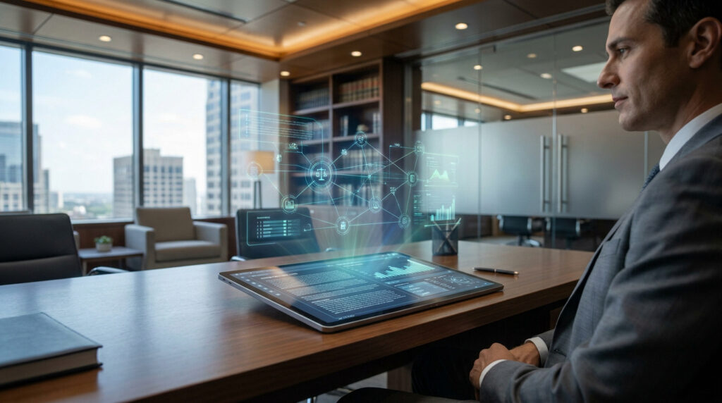 Avocat en costume observant des données numériques holographiques flottant au-dessus d'une tablette dans un bureau moderne.