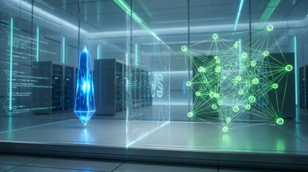 Illustration futuriste opposant un cristal bleu brillant à une structure de réseau neuronal vert dans un centre de données.