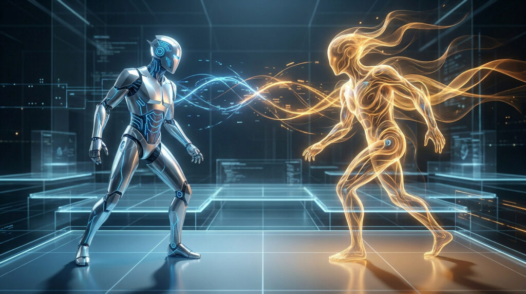 Duel entre un robot métallique bleu et une entité humanoïde en énergie dorée dans un environnement numérique.