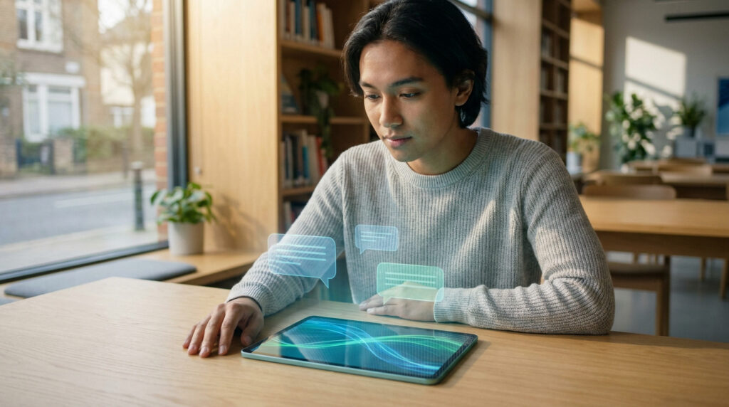 Un étudiant interagit avec des bulles de discussion holographiques au-dessus d'une tablette dans une bibliothèque.