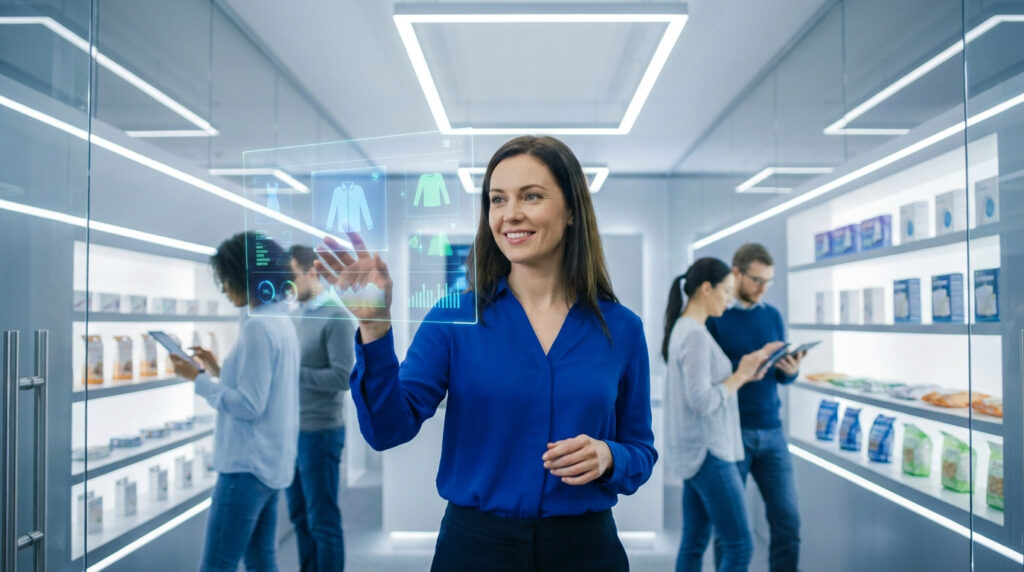 Une femme utilise une interface numérique holographique dans un magasin moderne avec des clients en arrière-plan.