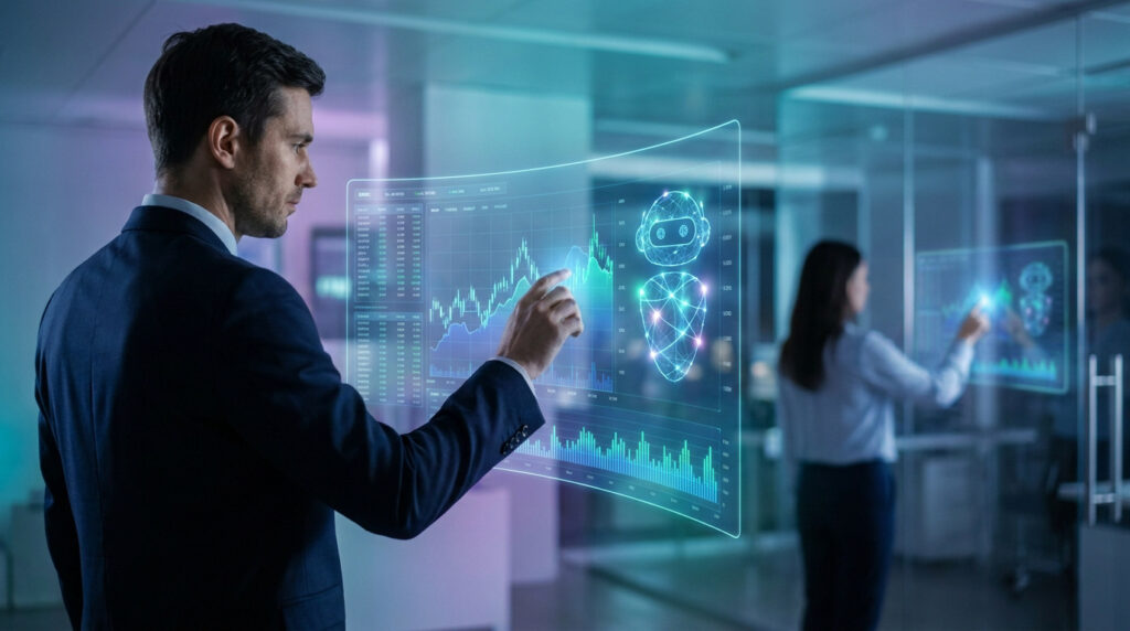 Un homme d'affaires interagissant avec une interface numérique holographique affichant des données financières et un chatbot.