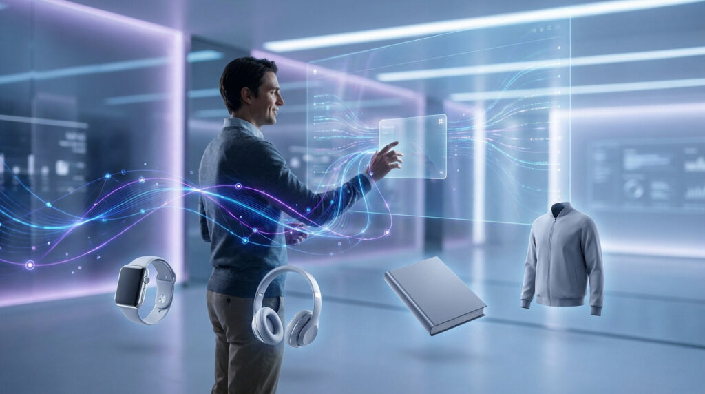 Un homme interagit avec une interface numérique futuriste entouré d'icônes de produits flottantes dans un bureau moderne.