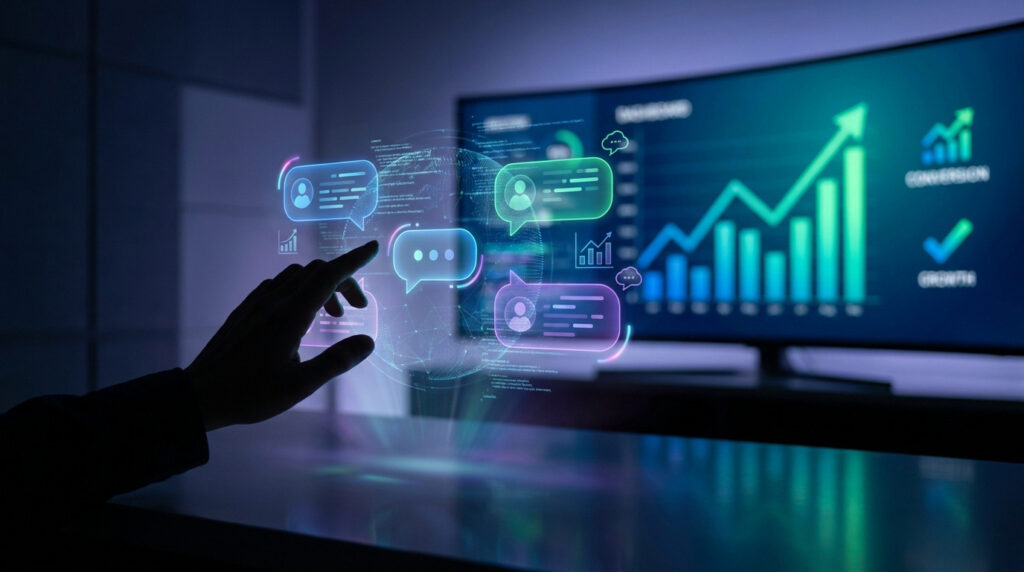 Une main interagit avec une interface holographique de messagerie IA devant un écran affichant des statistiques de croissance.