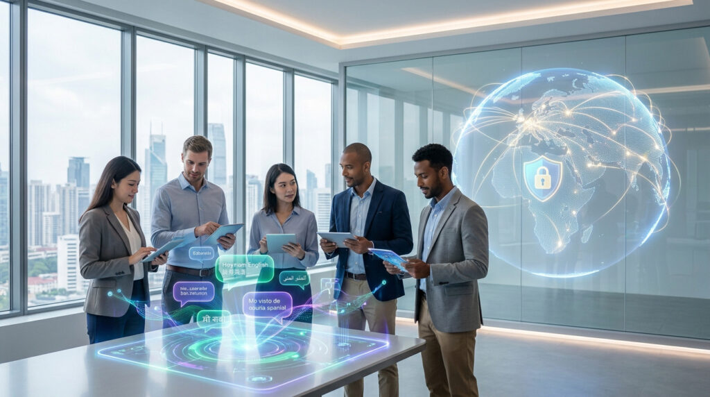 Une équipe de professionnels autour d'une table interactive avec des hologrammes de traduction et un globe numérique.
