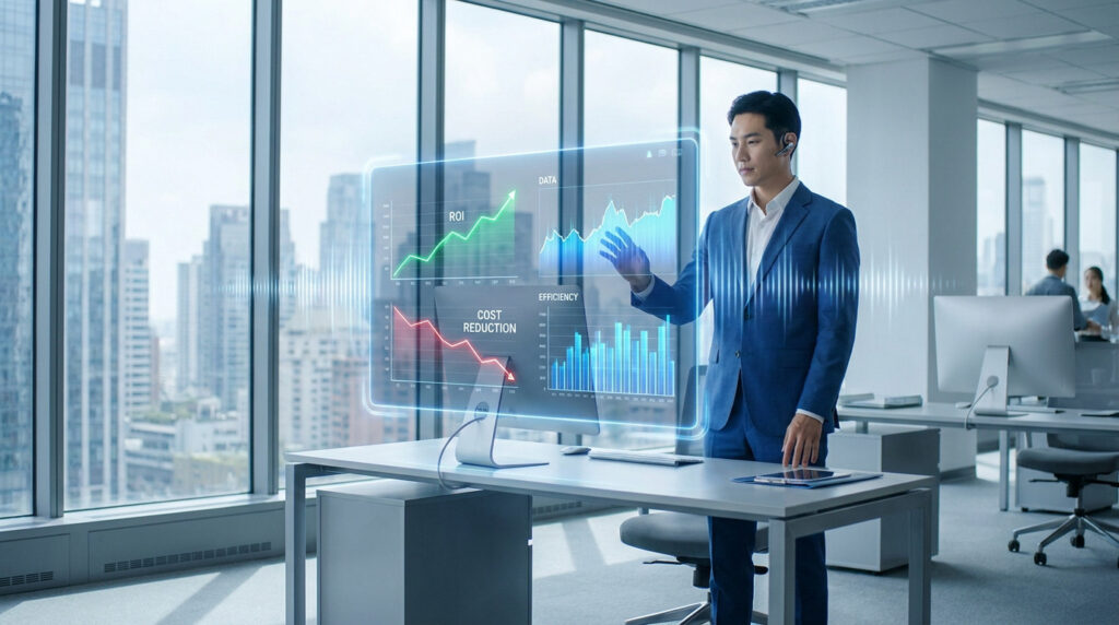 Homme d'affaires en costume interagissant avec un écran holographique de données financières dans un bureau moderne.