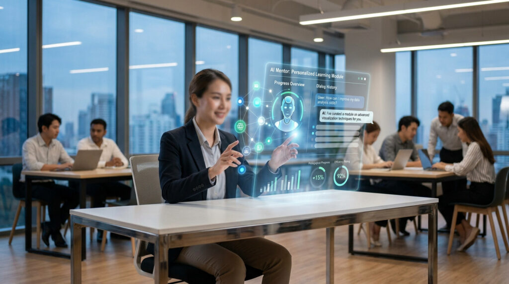 Une femme utilisant une interface holographique interactive pour interagir avec un mentor IA dans un bureau moderne.
