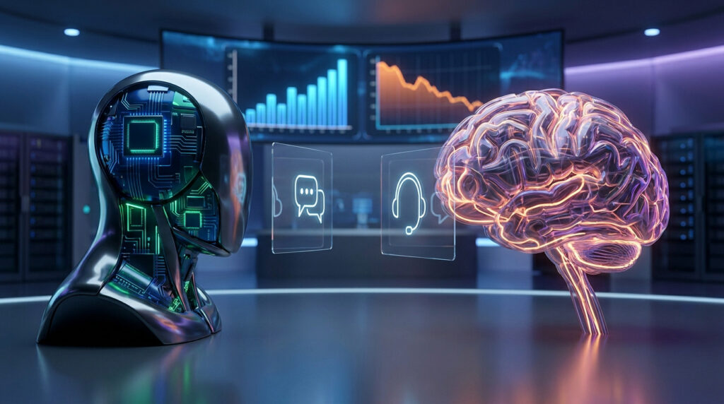 Tête robotique face à un cerveau numérique avec des icônes de support client dans un centre de données futuriste.
