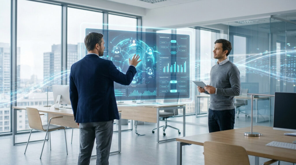 Deux professionnels analysant des données de recrutement sur une interface holographique futuriste en entreprise.