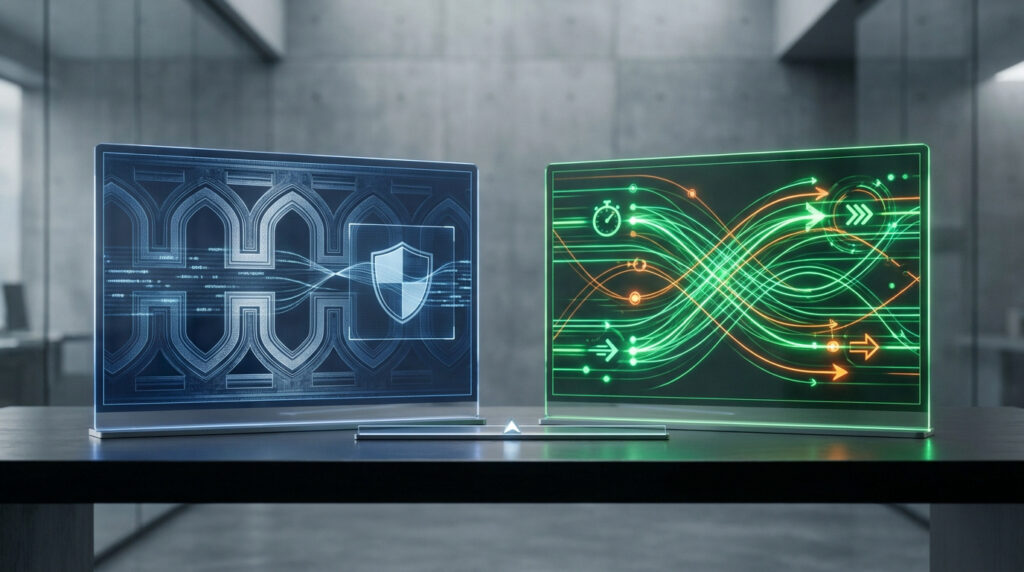 Deux écrans transparents affichant des données numériques, l'un bleu avec un bouclier et l'autre vert avec des flux d'énergie.