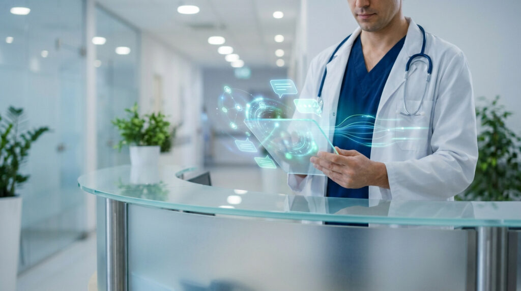 Un médecin utilise une tablette holographique affichant des icônes de discussion dans un hôpital moderne.