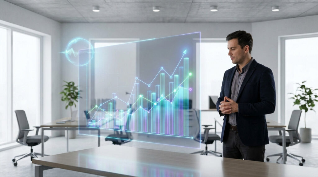 Un homme d'affaires regarde un graphique holographique interactif dans un bureau moderne.