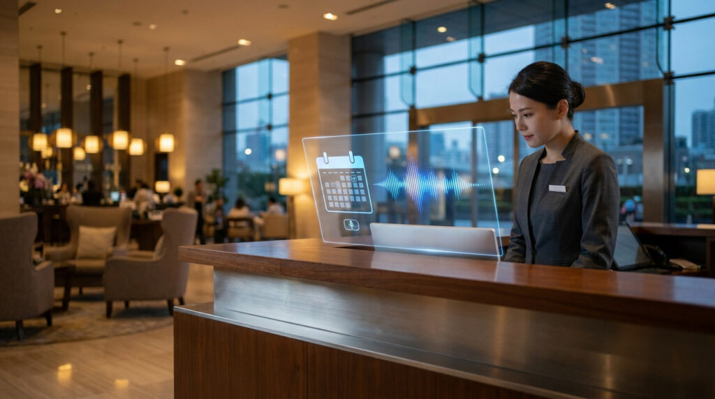 Réceptionniste d'hôtel utilisant une interface holographique affichant un calendrier et une onde sonore pour les réservations.
