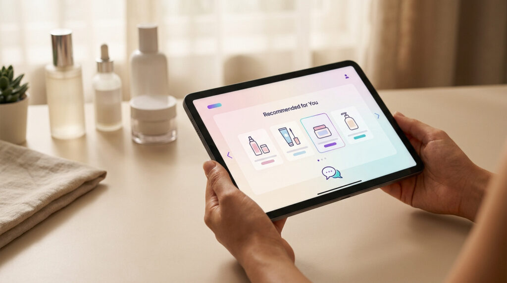 Personne tenant une tablette affichant des recommandations de produits cosmétiques sur une table avec des flacons.