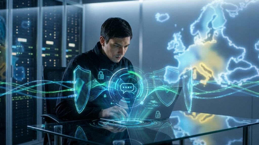 Expert travaillant sur un ordinateur avec des hologrammes de sécurité et une carte numérique de l'Europe en arrière-plan.