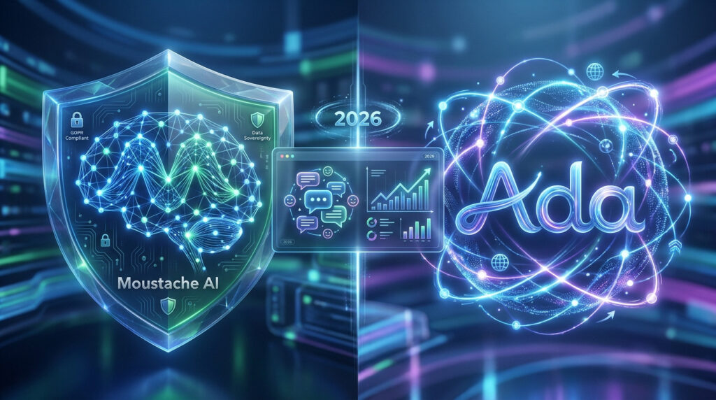 Comparaison visuelle entre Moustache AI (bouclier sécurisé) et Ada (atomes connectés) pour le support client en 2026.