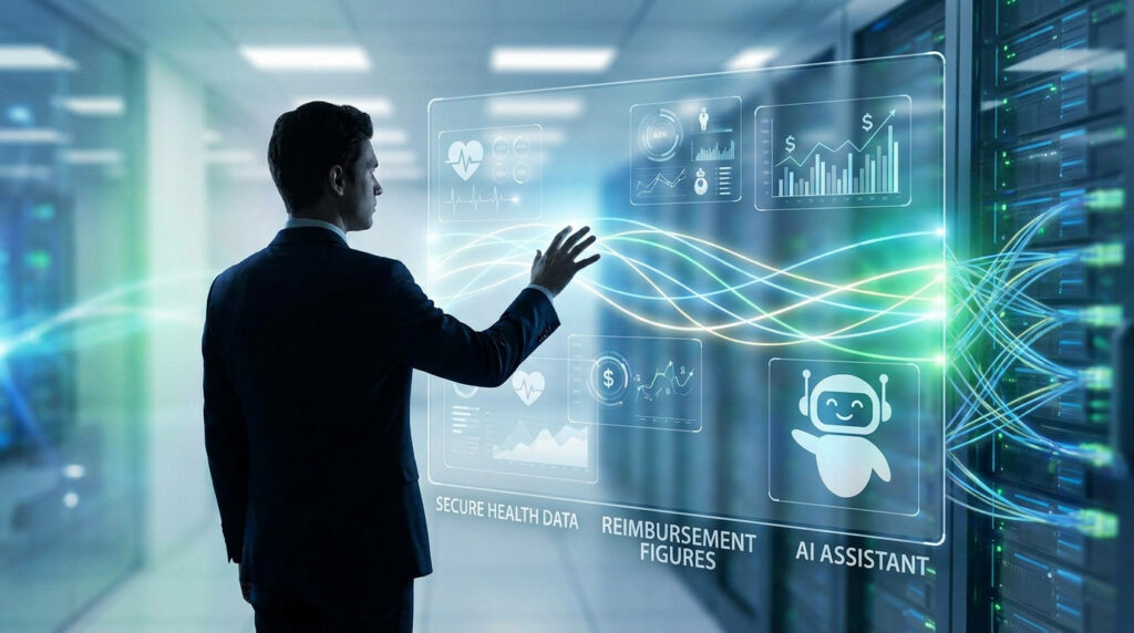 Un professionnel en costume interagit avec une interface numérique holographique dans une salle de serveurs.