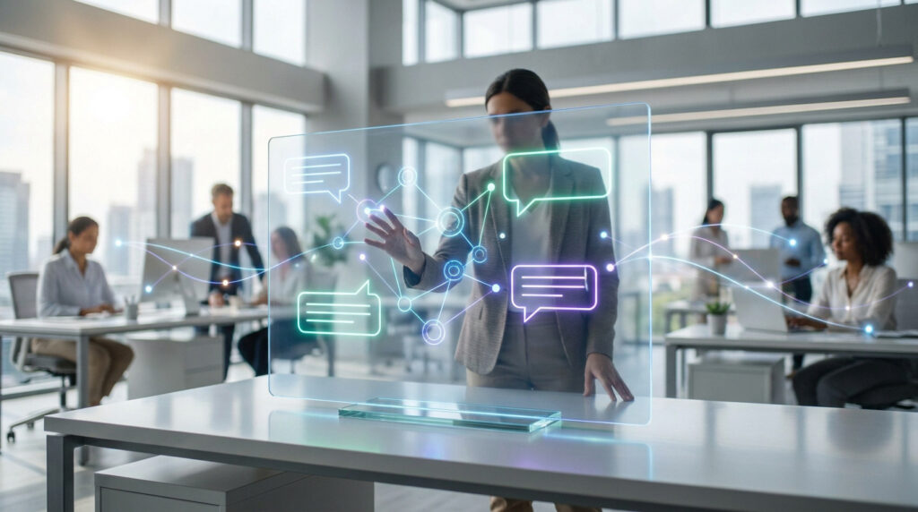 Une femme d'affaires interagit avec une interface holographique affichant des bulles de chat dans un bureau moderne.